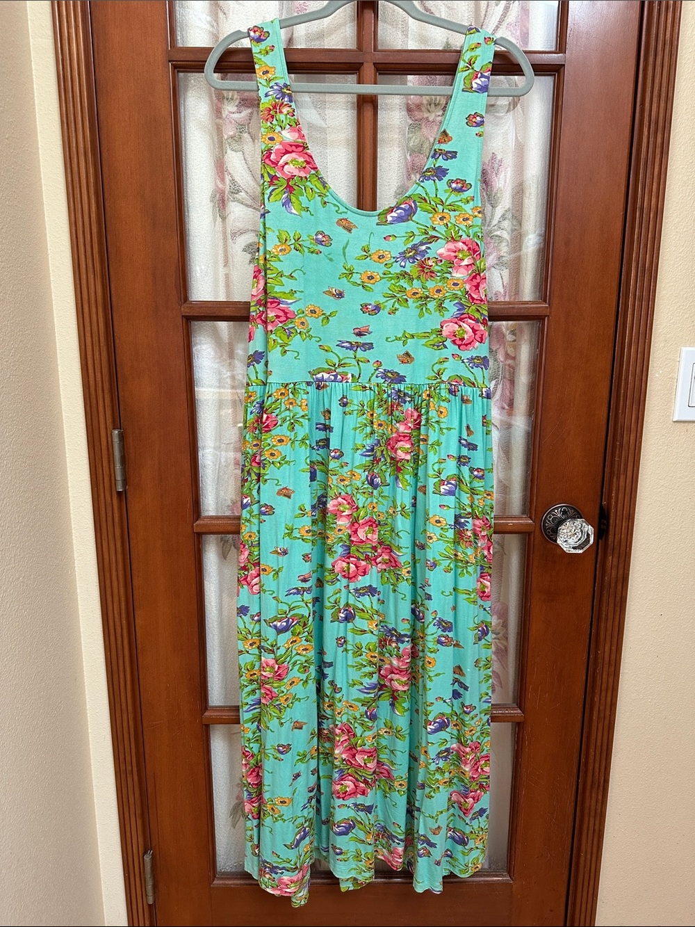 April Cornell Aqua Floral Maxi Dress with Pink and Green Bouquet Print